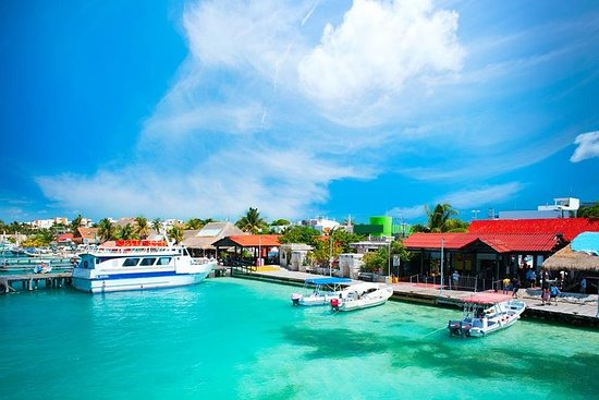 Isla Mujeres pier surrounded by fish.