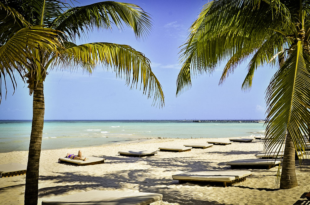 Beach where there is no sargassum with lounge chairs.